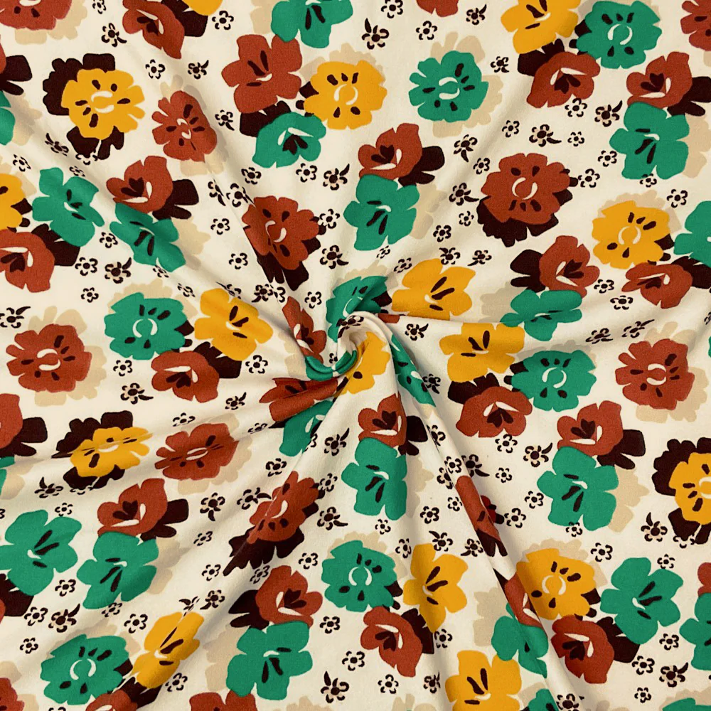 1 1/2 YD PC-Ivory-Multi Poly Spandex Stretch Floral Print DB Jersey Knit Fabric