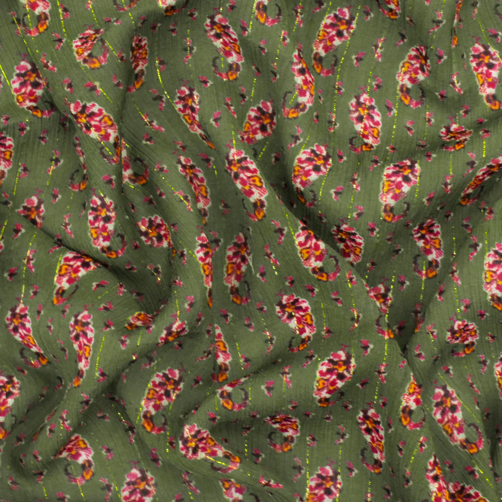 1 1/2 YD PC-Olive-Multi Famous Designer Floral Printed Metallic Stripe Chiffon Fabric - Image 3
