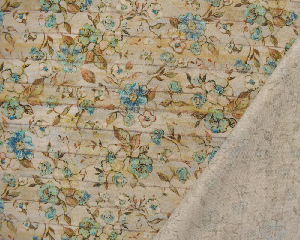 1 1/4 YD PC-Teal-Ivory-Multi Cotton Susan Winget Floral Wood Printed Quilting Woven Fabric - Image 2