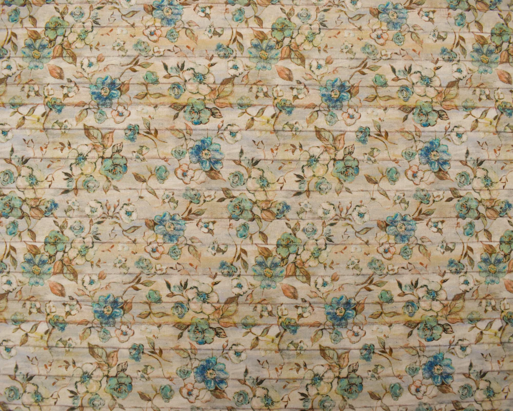 1 1/4 YD PC-Teal-Ivory-Multi Cotton Susan Winget Floral Wood Printed Quilting Woven Fabric - Image 3