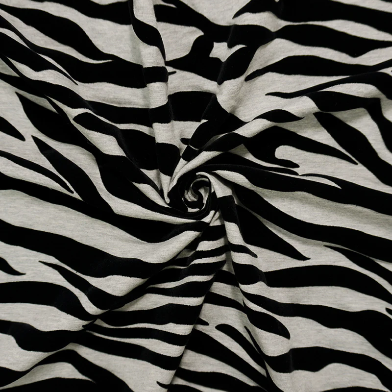 1 3/4 YD PC-Black Cotton Blend Tiger Velvet Flock Printed Jersey Knit Fabric