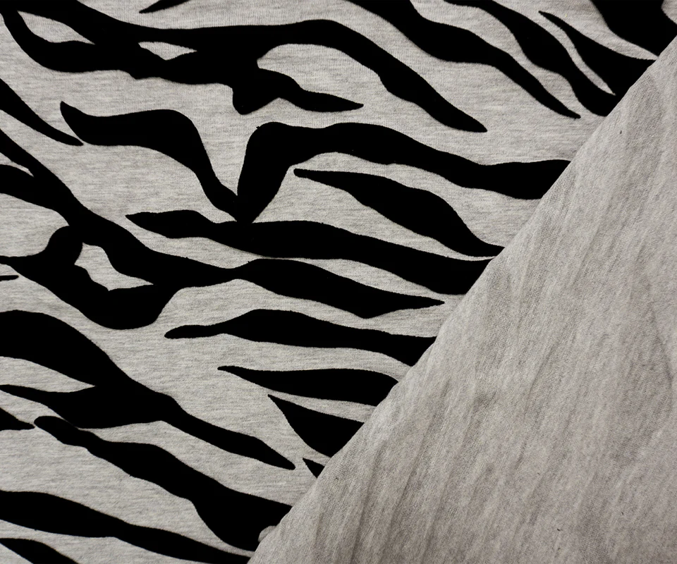 1 3/4 YD PC-Black Cotton Blend Tiger Velvet Flock Printed Jersey Knit Fabric - Image 2