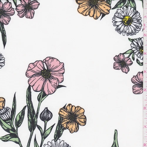 2 1/2 YD PC-Ivory Daisy Floral Double Brushed Jersey Knit Fabric