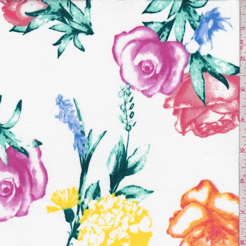 2 1/2 YD PC-White/Orange Multi Floral Sprig Double Brushed Jersey Knit Fabric