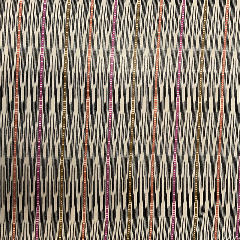 2 3/4 YD PC-Black-Ivory-Coral-Pink-Tan Ikat Stripe Silk Chiffon Designer Remnant Fabric