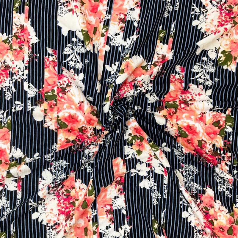 2 3/4 YD PC-Black-Multi Rayon Spandex Floral Stripe Print Jersey Knit Fabric