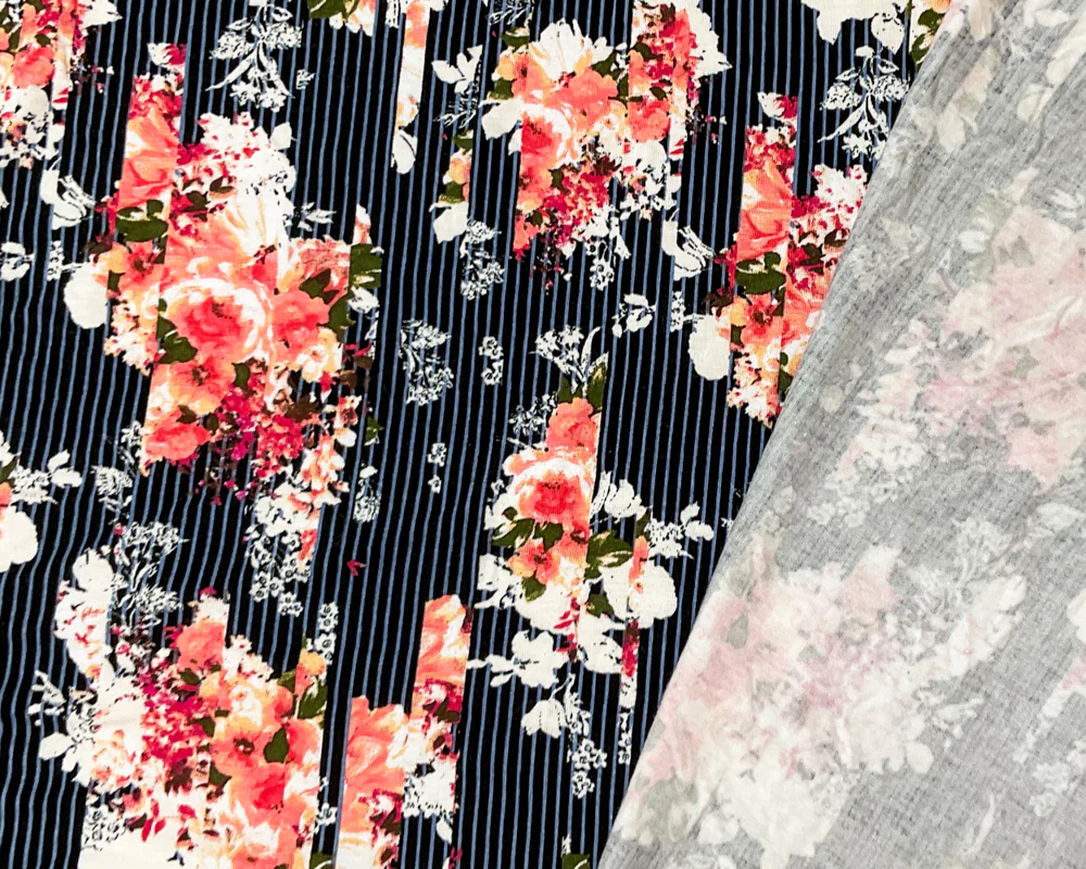 2 3/4 YD PC-Black-Multi Rayon Spandex Floral Stripe Print Jersey Knit Fabric - Image 2