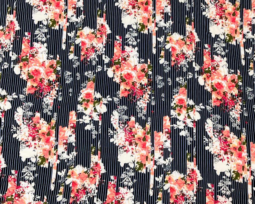 2 3/4 YD PC-Black-Multi Rayon Spandex Floral Stripe Print Jersey Knit Fabric - Image 3