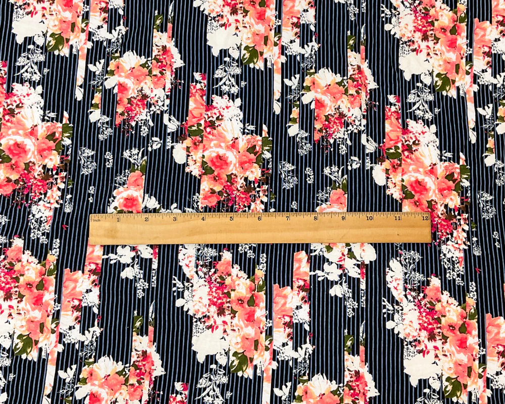 2 3/4 YD PC-Black-Multi Rayon Spandex Floral Stripe Print Jersey Knit Fabric - Image 4