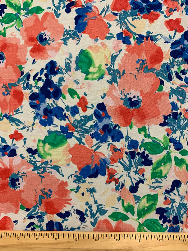 2 YD PC-White and Coral Floral Print Rayon Challis Fabric - Image 3