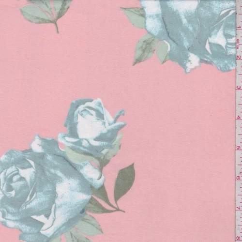 3 1/4 YD PC-Pink Peach/Aqua Rose Double Brushed Jersey Knit Fabric