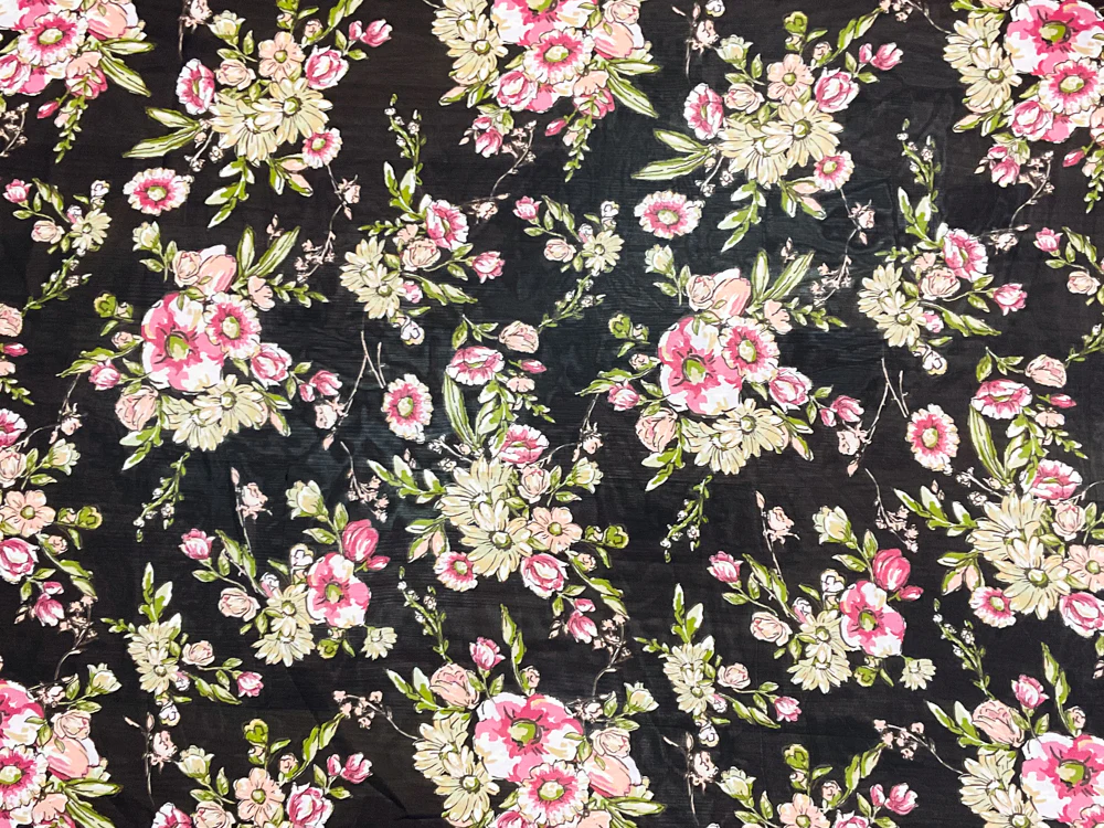 3 1/8 YD PC-Black-Green-Multi Poly Floral Printed Chiffon Woven Fabric - Image 3