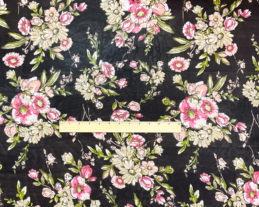 3 1/8 YD PC-Black-Green-Multi Poly Floral Printed Chiffon Woven Fabric - Image 4