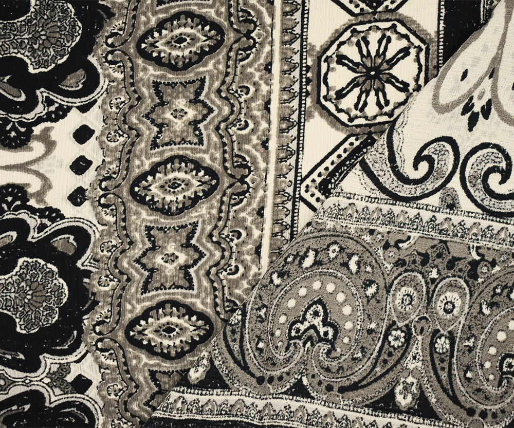 3 3/4 YD PC-Black-Gray-Multi Poly Paisley Baroque Printed Crepe Georgette Woven Fabric - Image 2