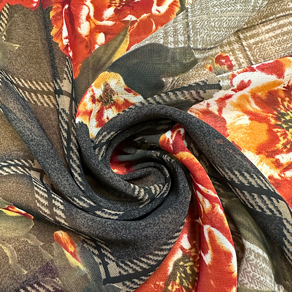 4 1/2 YD PC-Brown Plaid Floral Print Poly Chiffon Fabric