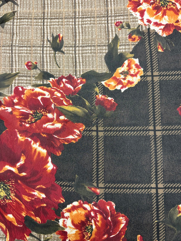 4 1/2 YD PC-Brown Plaid Floral Print Poly Chiffon Fabric - Image 2