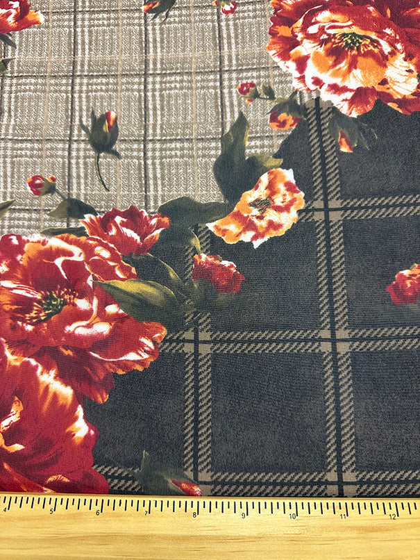 4 1/2 YD PC-Brown Plaid Floral Print Poly Chiffon Fabric - Image 3