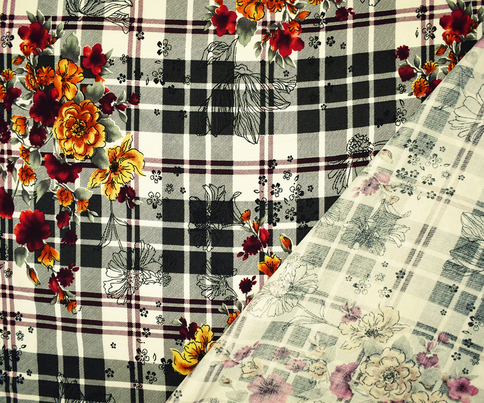 4 YD PC-Black-Red-Multi Rayon Floral Plaid Printed Challis Woven Fabric - Image 2
