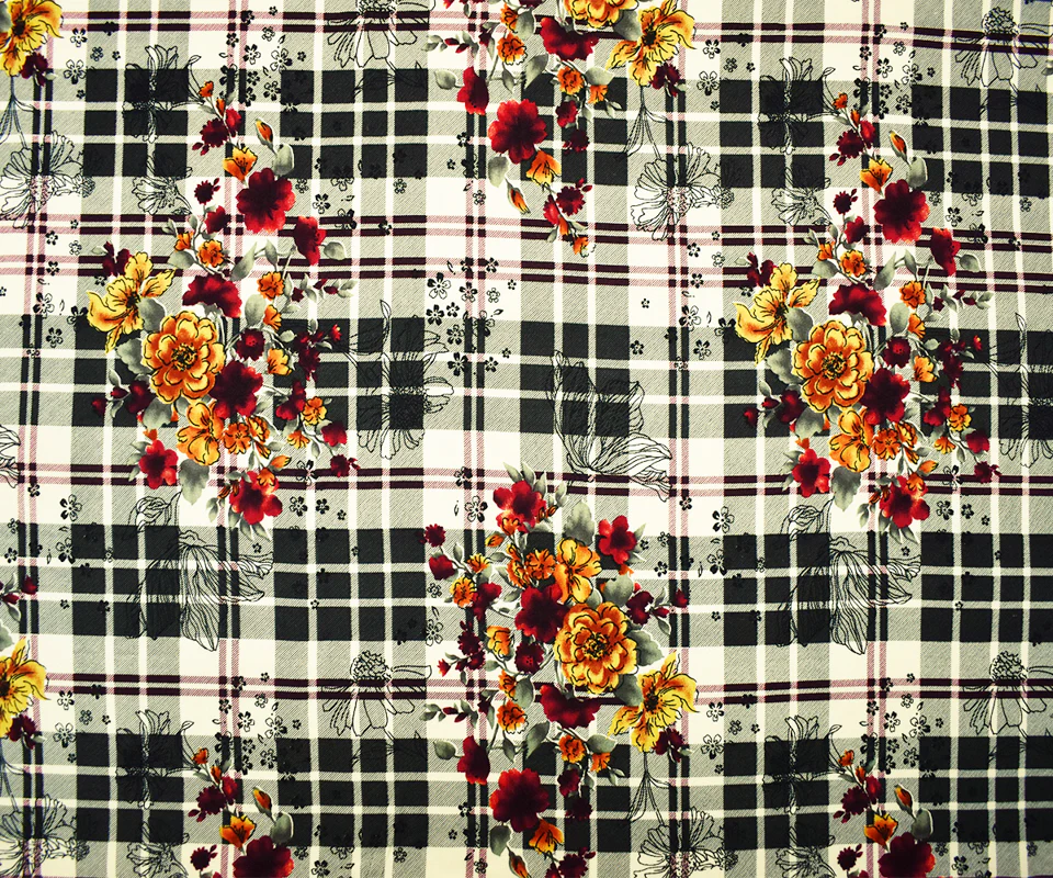 4 YD PC-Black-Red-Multi Rayon Floral Plaid Printed Challis Woven Fabric - Image 3