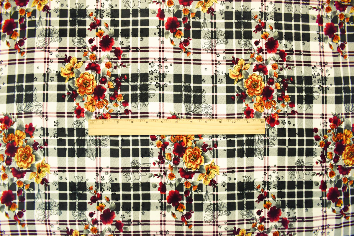 4 YD PC-Black-Red-Multi Rayon Floral Plaid Printed Challis Woven Fabric - Image 4