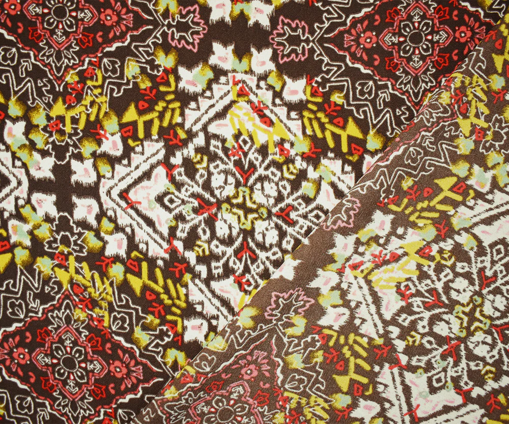 4 YD PC-Brown-White-Multi Poly Aztec Printed Crepe Momie Woven Fabric - Image 3