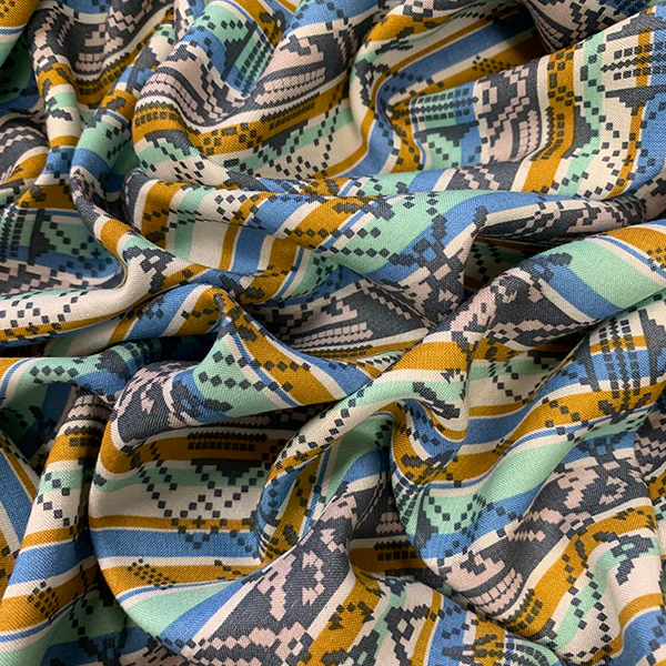 6 1/2 YD PC-Blue and Gold Multi Stripe Print Rayon Challis Fabric