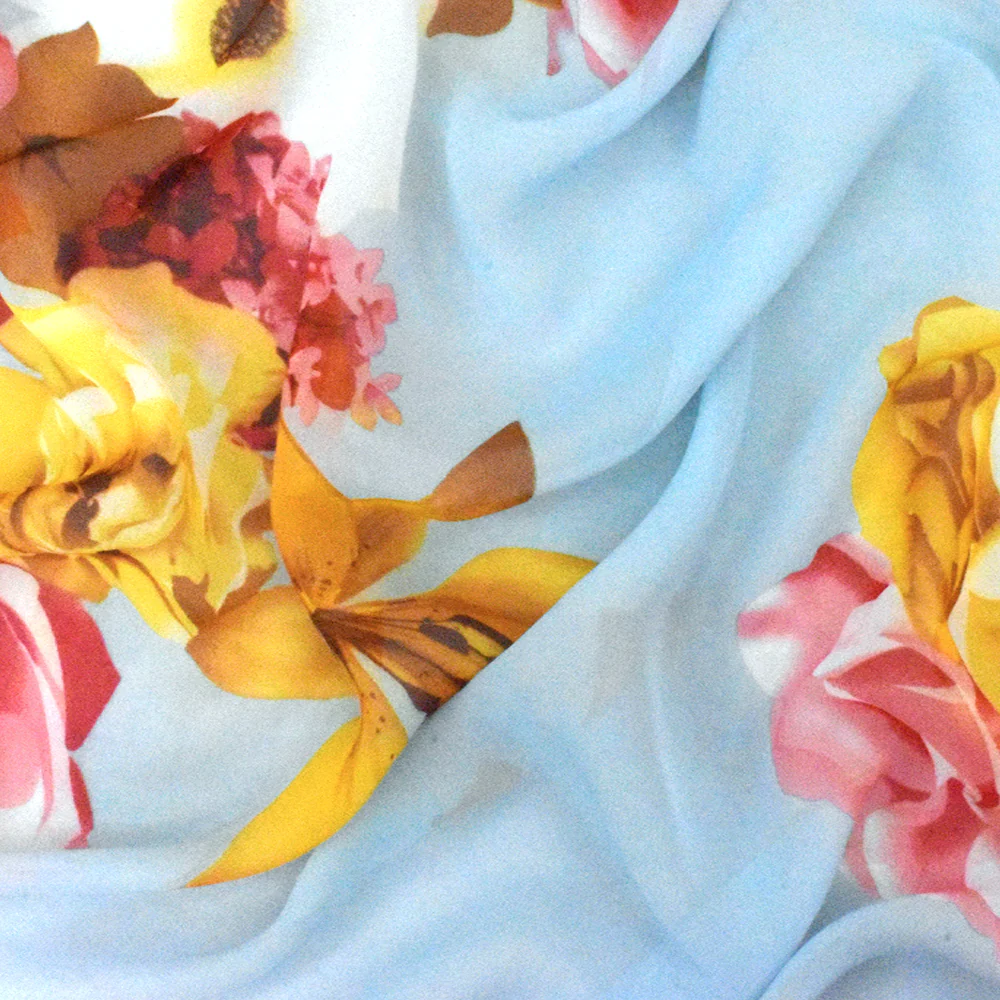Angel Blue-Yellow-Multi Floral Printed Polyester Chiffon Woven Fabric - Image 3