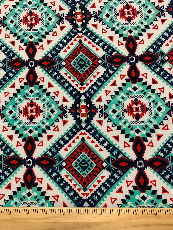 Aqua Multi Aztec Print Rayon Challis Fabric - Image 2