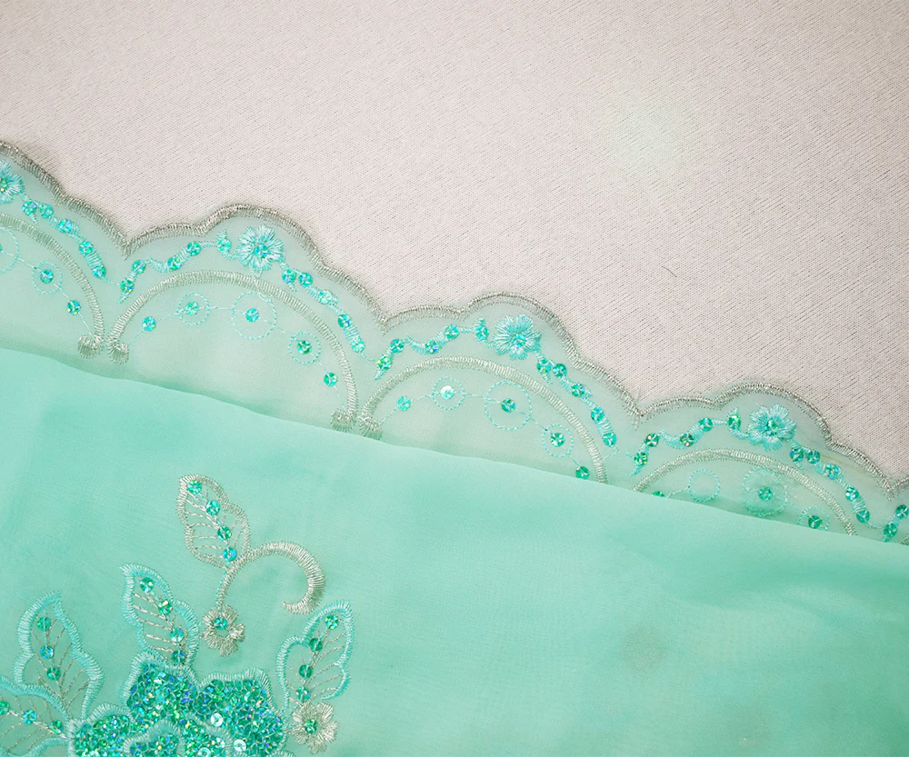 Aqua-Silver Nylon Embroidered Floral Sequined Scallop Chiffon Woven Fabric - Image 3