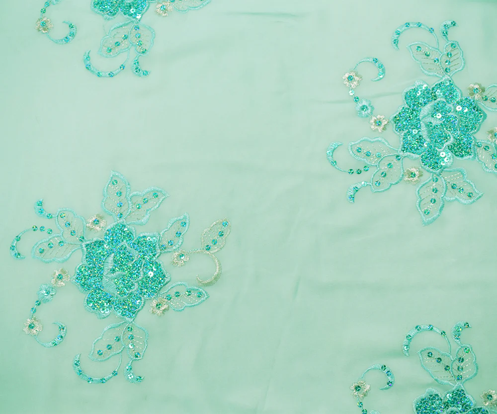 Aqua-Silver Nylon Embroidered Floral Sequined Scallop Chiffon Woven Fabric - Image 4