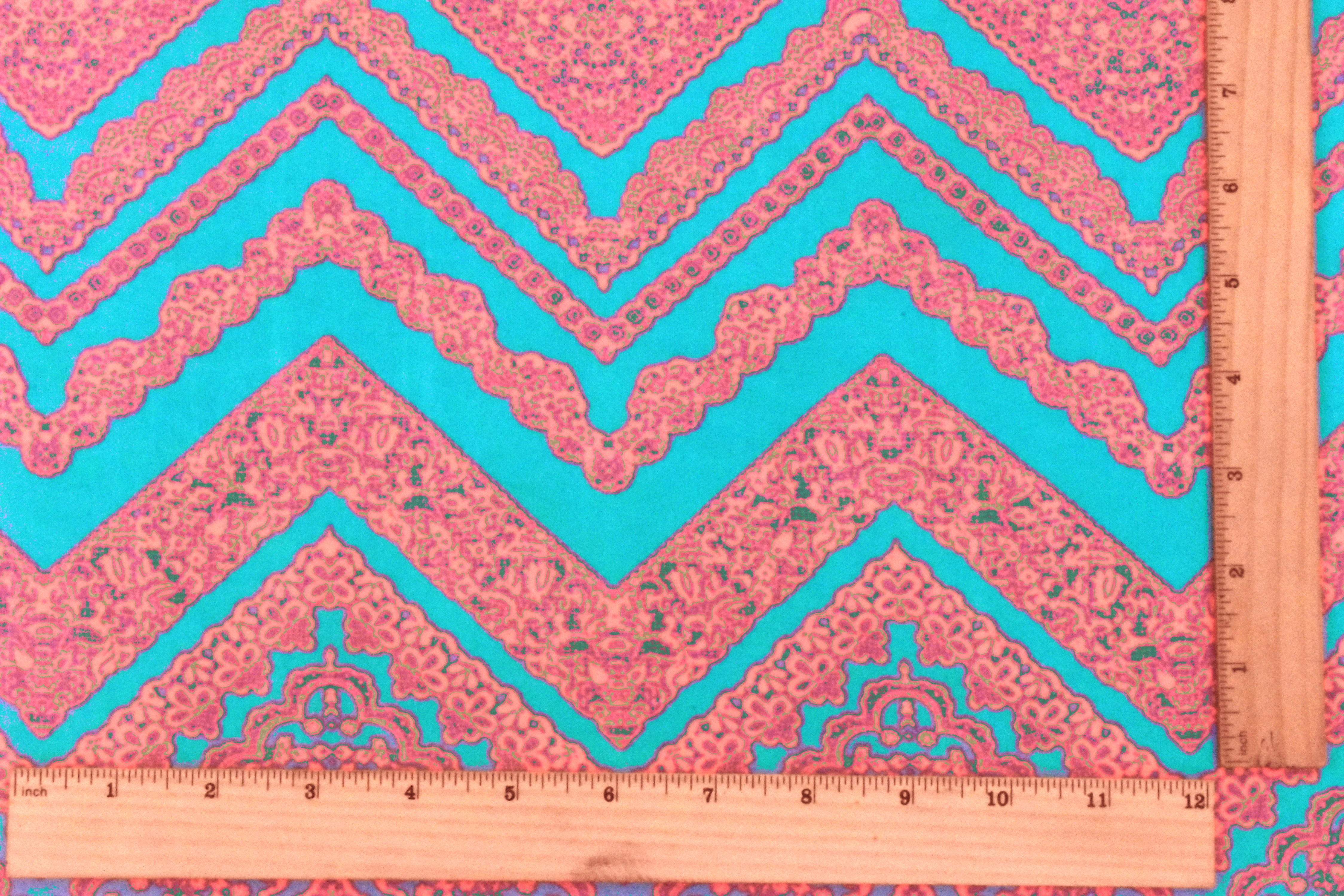 Aqua Teal-Neon Coral Lace Chevron Printed Double Brushed ITY Knit Fabric - Image 5