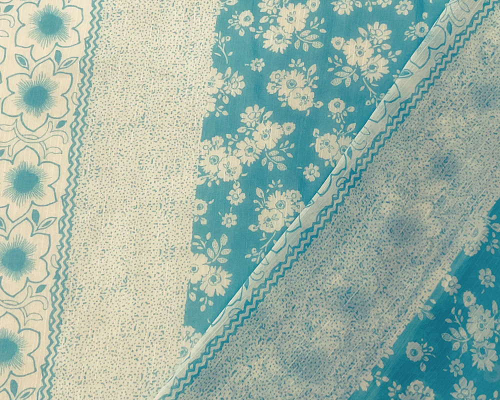 Aqua-White Poly Stripe Floral Printed Yoryu Chiffon Woven Fabric - Image 2