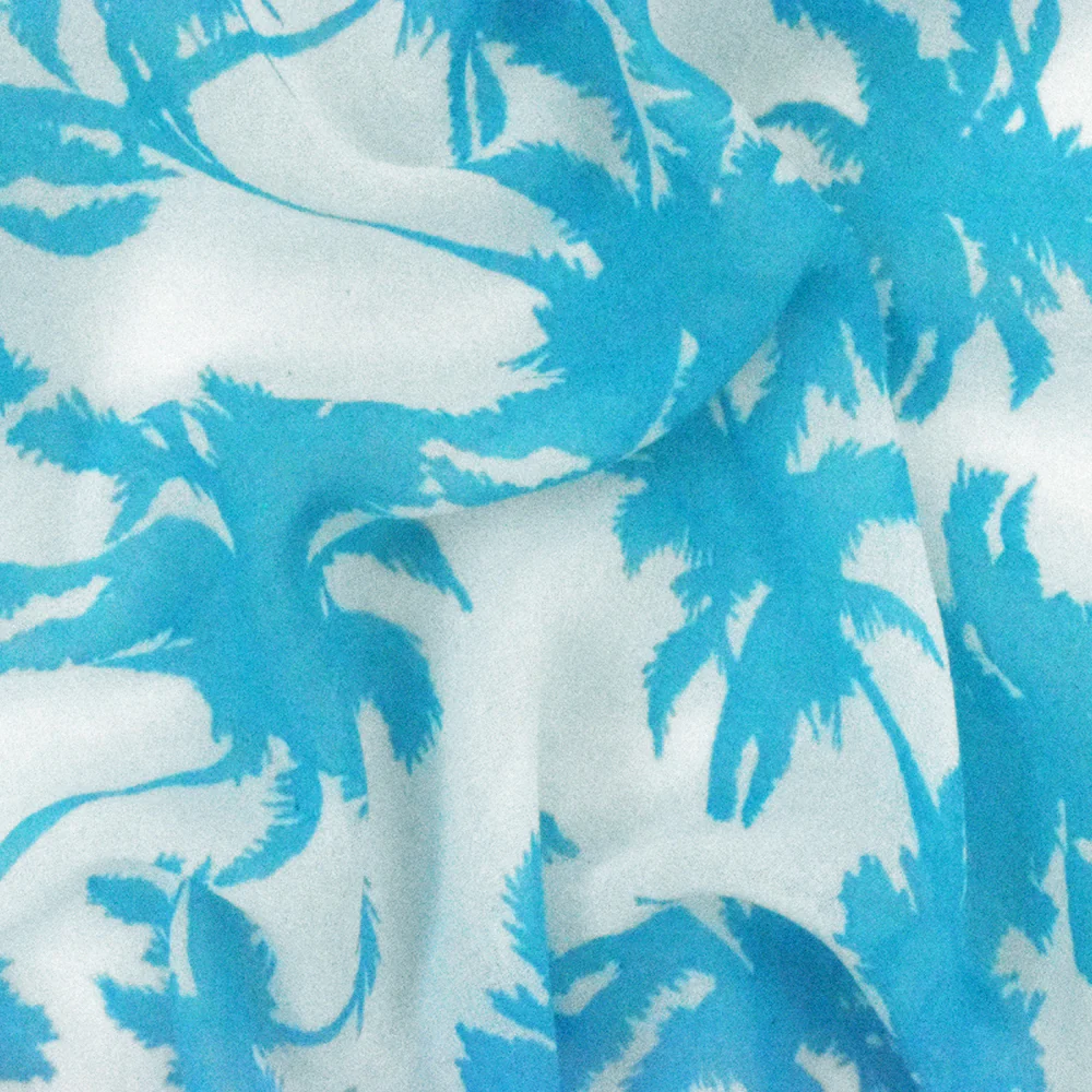 Aquatic Teal-Ivory Palm Tree Printed Crepe Chiffon Fabric - Image 3