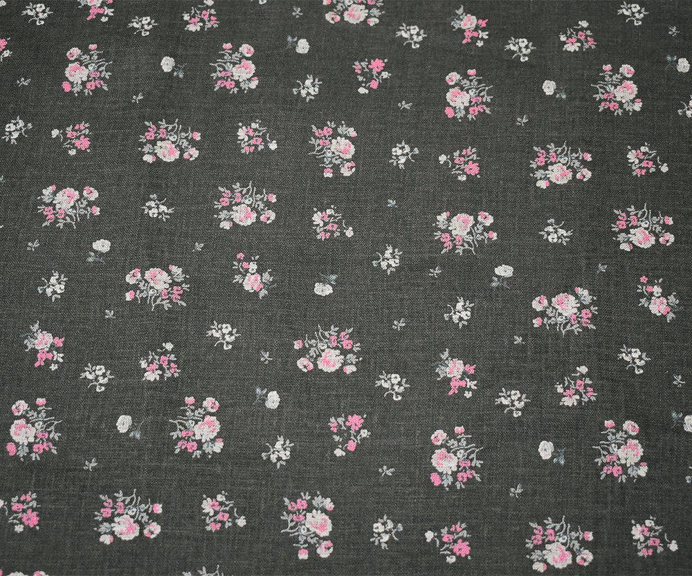 Ash Black-Pink-Multi Floral Ditsy Printed Linen Woven Fabric - Image 4