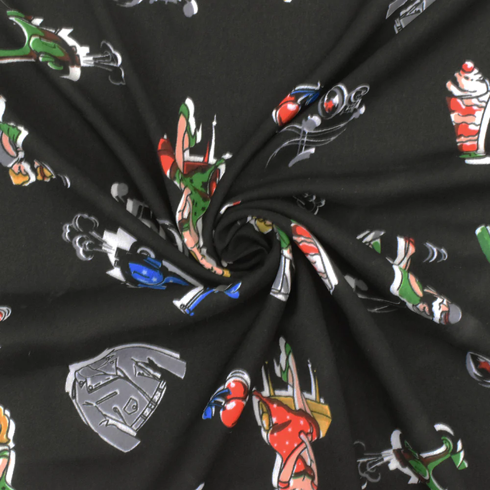 Basic Black-White-Multi Fashion Cartoon Printed Chiffon Woven Fabric - Image 2