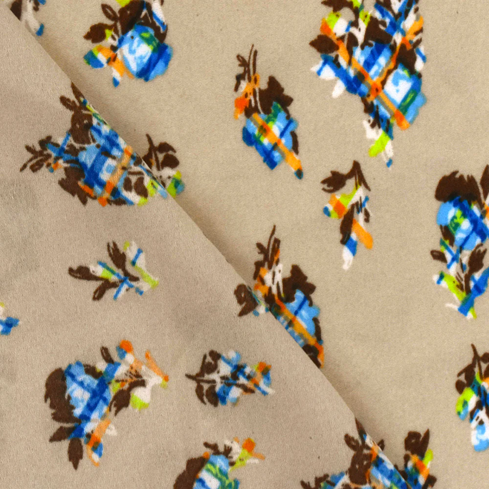 Beige-Aqua-Multi Abstract Floral Plaid Printed Momie Georgette Fabric - Image 4