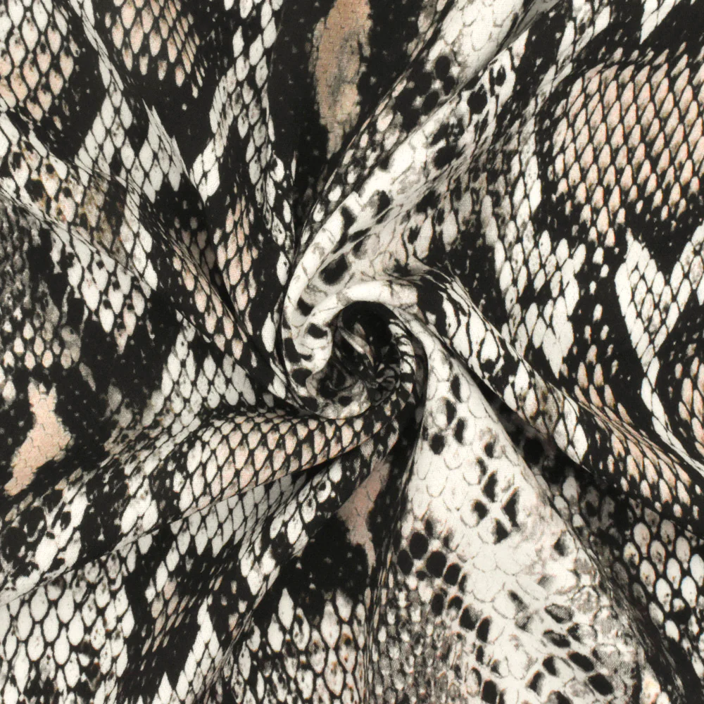 Beige-Black-Multi Famous Designer Snake Printed Viscose Crepe Faille Fabric - Image 2