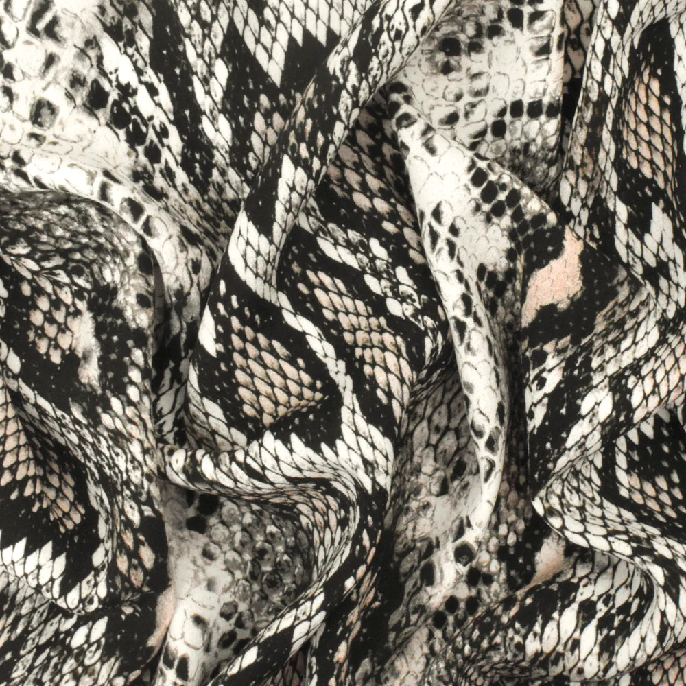 Beige-Black-Multi Famous Designer Snake Printed Viscose Crepe Faille Fabric - Image 3