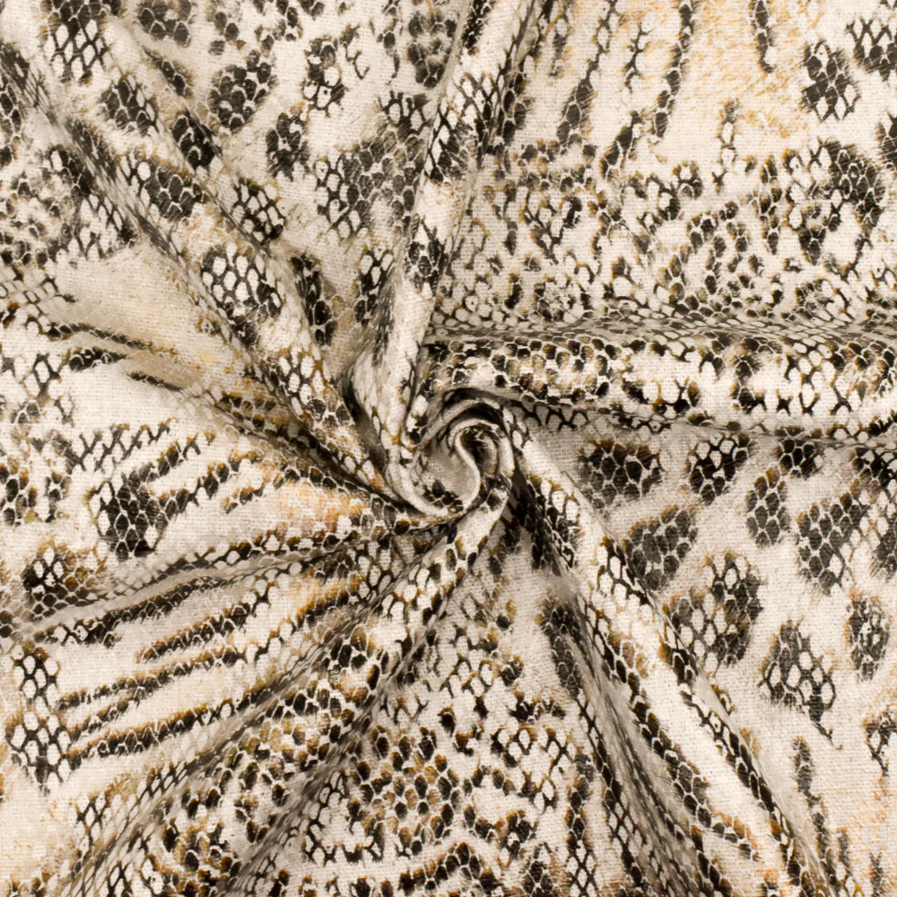Beige-Black-Multi Reptile Skin Printed Linen Blend Woven Fabric - Image 2