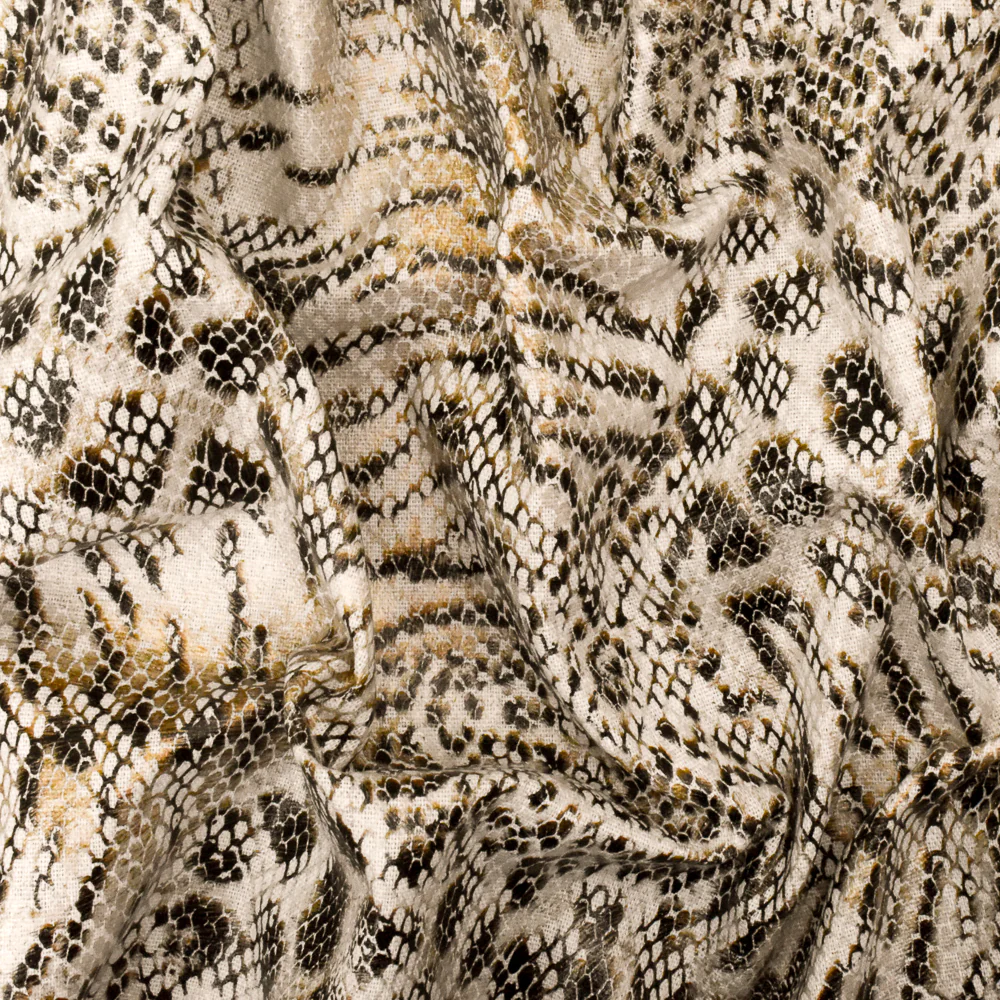 Beige-Black-Multi Reptile Skin Printed Linen Blend Woven Fabric - Image 3