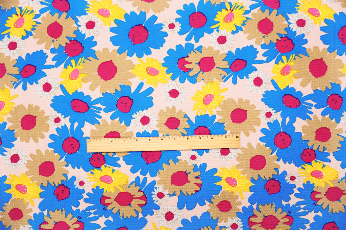 Beige-Blue-Multi Poly Floral Print Liverpool Double Knit Fabric - Image 4