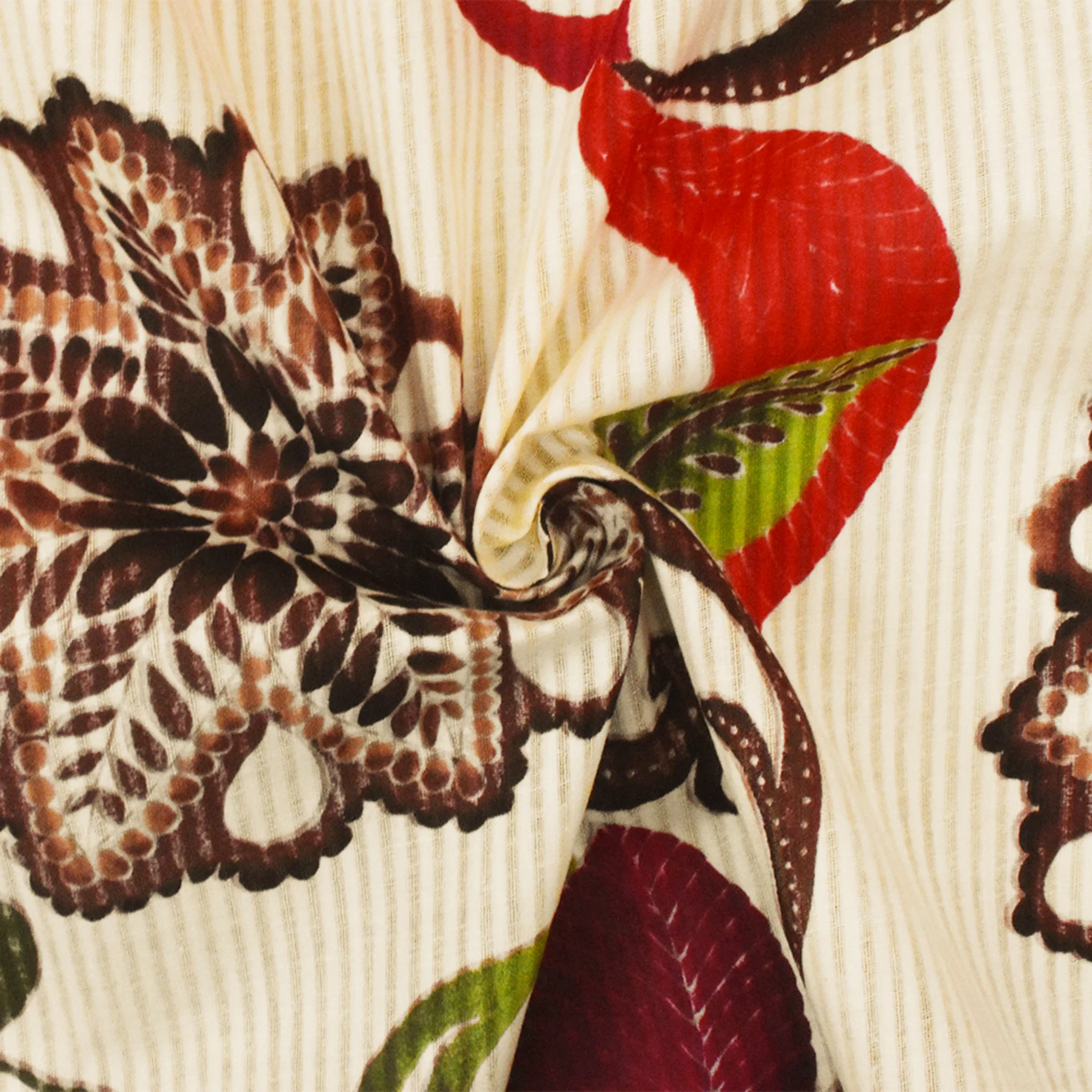 Beige-Brown-Multi Floral Printed Cotton Striped Leno Woven Fabric - Image 3