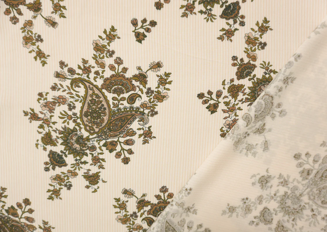 Beige-Brown-White Rayon Floral Paisley Printed Challis Woven Fabric - Image 3