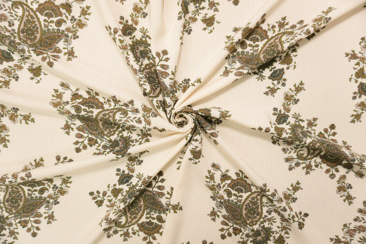 Beige-Brown-White Rayon Floral Paisley Printed Challis Woven Fabric - Image 4