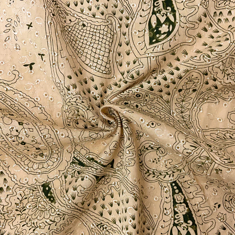 Beige-Green Cotton Paisley Embroidered Eyelet Twill Woven Fabric