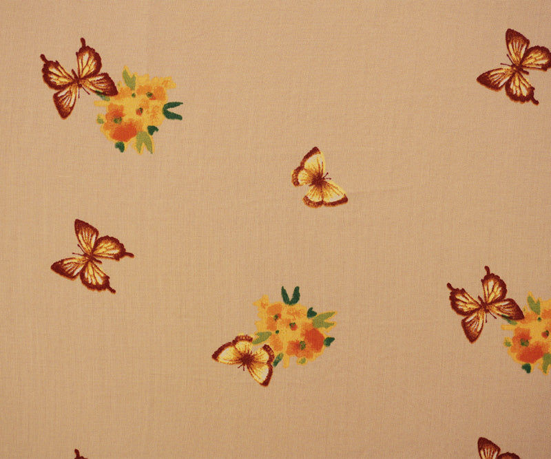 Beige-Orange-Multi Rayon Floral Butterfly Printed Challis Woven Fabric - Image 3