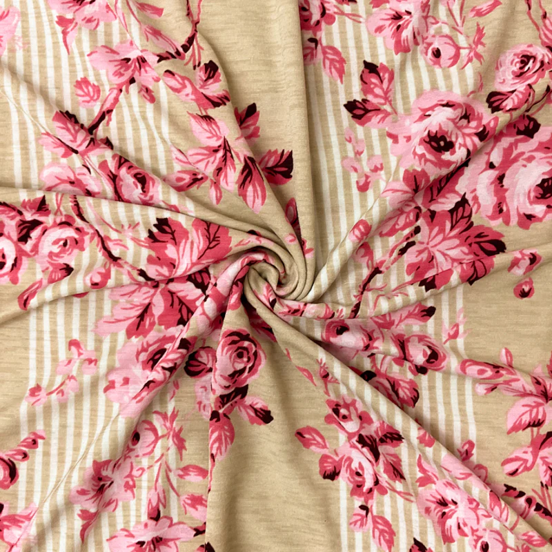 Beige-Pink Stretch Floral Printed Matte Jersey Knit Fabric