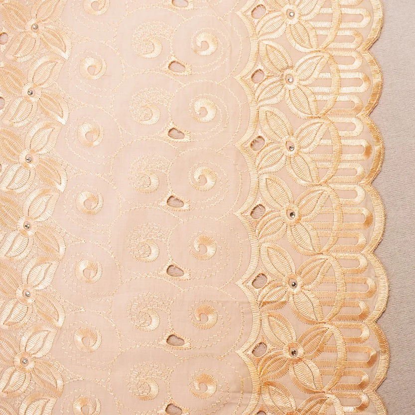 Beige Poly-Cotton Embroidered Floral Scallop Rhinestone Woven Fabric