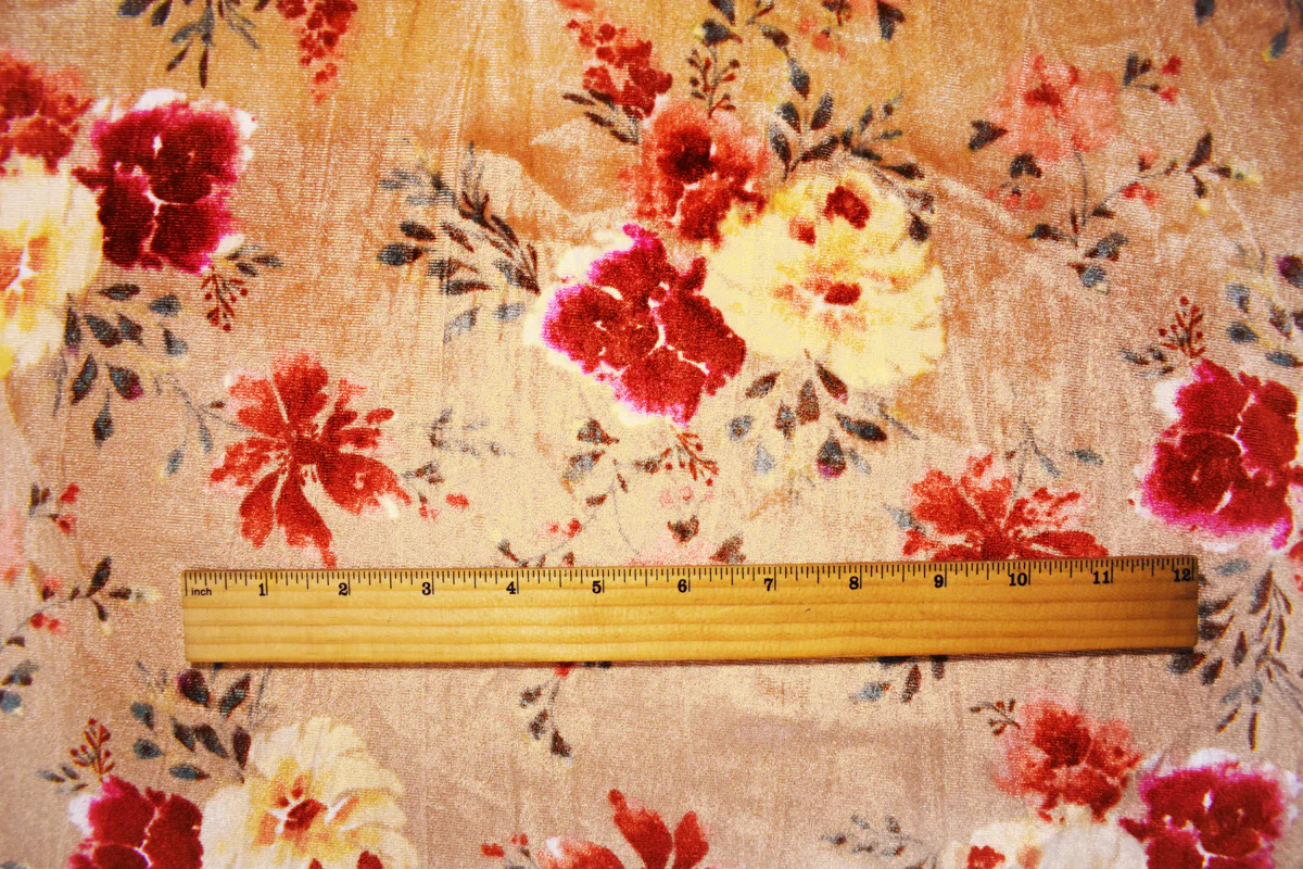 Beige-Red-Multi Poly Stretch Floral Printed Velvet Knit Fabric - Image 4