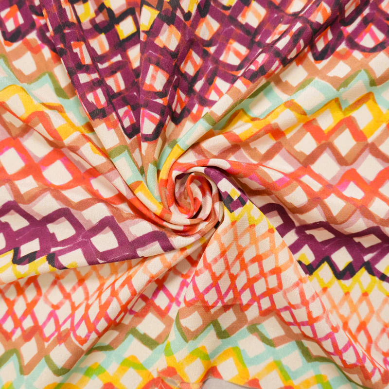 Beige Silk Painting Diamond Printed Crepe De Chine Woven Fabric